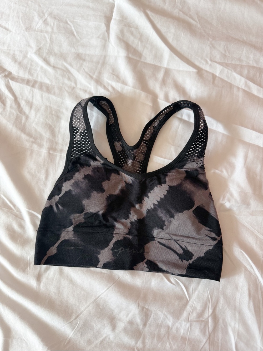 PINK Victoria’s Secret Black And Grey Tie Dye Racerback Sports Bra Size XS